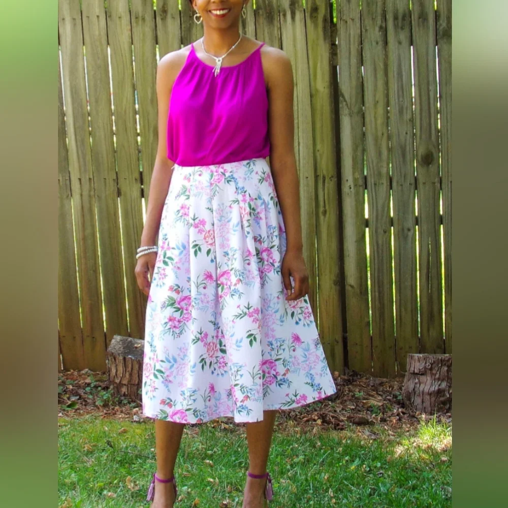 Light Pink Floral Pleated Midi A-Line Skirt‎